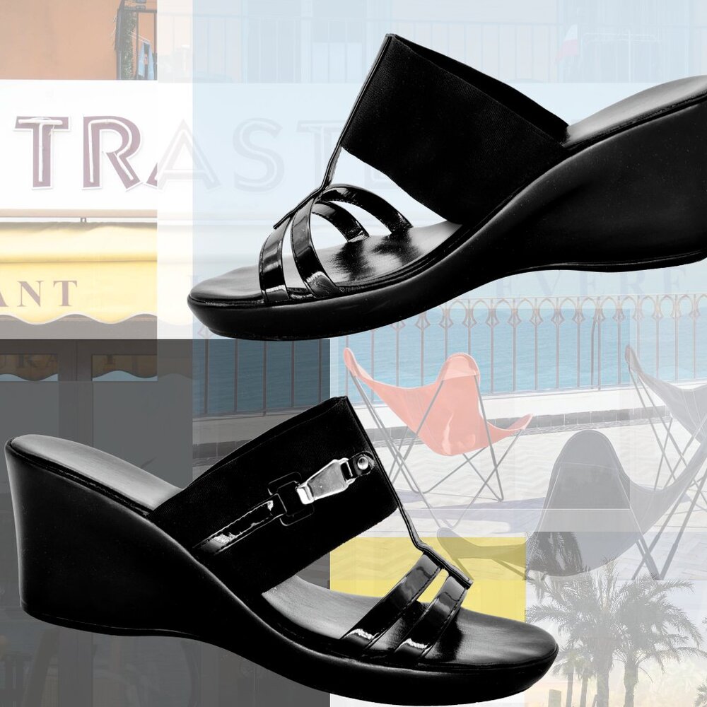 SLIP-ON Wedge Sandals Black Patent/Buckle